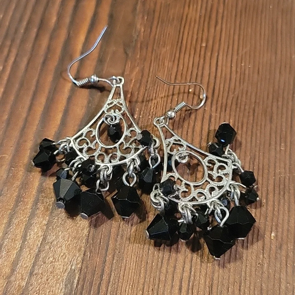 Black Beaded Chandelier‎ Earrings